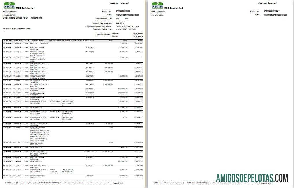 Modelo realista de extrato bancário MCB do Paquistão em Word e PDF
